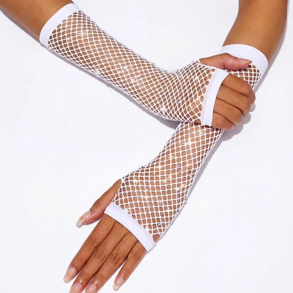 Women's Fingerless Rhinestone Sparkly White Rave Mesh Gloves Fishnet Party Prom